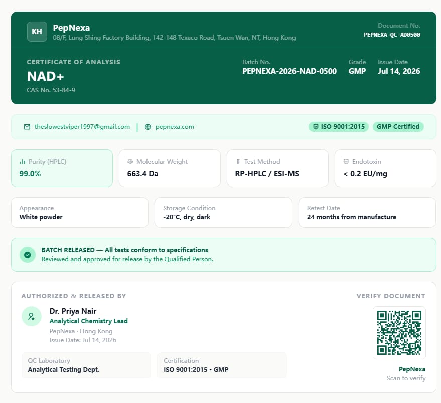 NAD+ 500 mg supplier certificate — original uploaded document