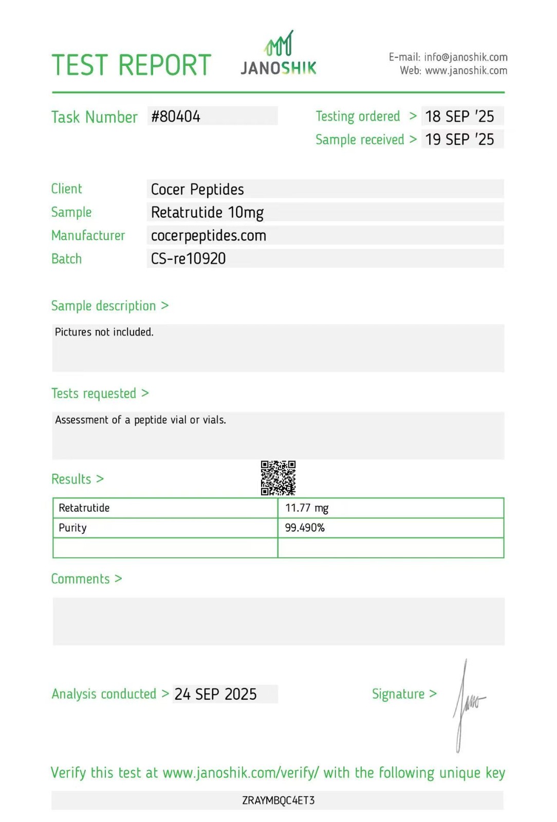 Retatrutide 10 mg analytical report — original uploaded document