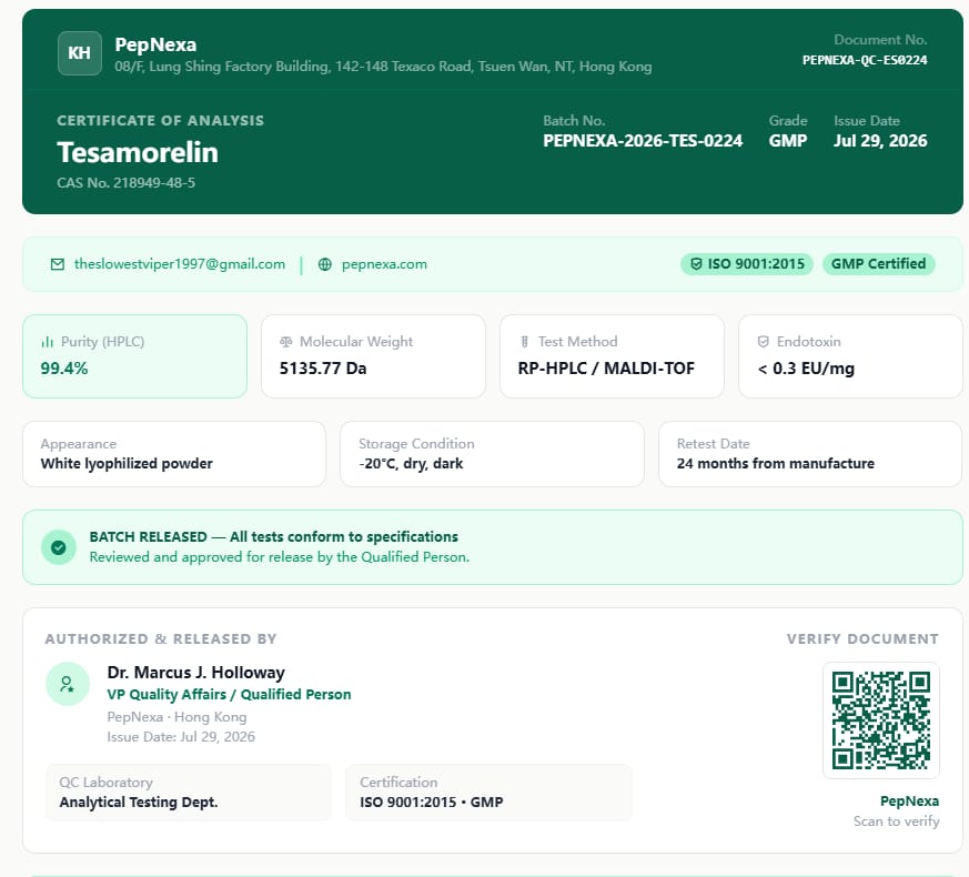 Tesamorelin supplier certificate — original uploaded document