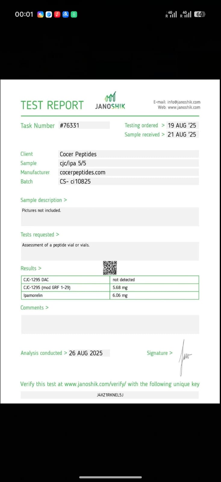 CJC-1295 No DAC + Ipamorelin analytical report — original uploaded document